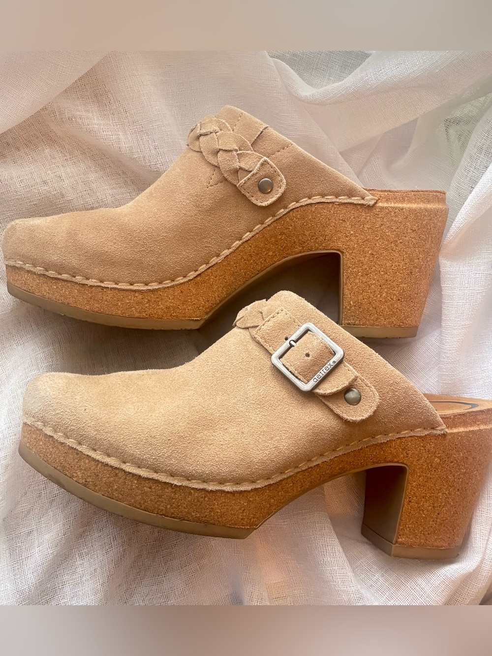 Aetrex Corey Cork Platform Clogs Suede Braided Strap Comfort Mules Tan Beige